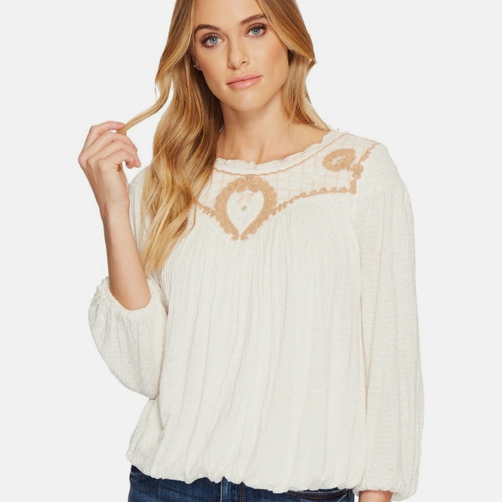 Free People Begonia Ivory Sand Embroidered Coquette Long Sleeve Top